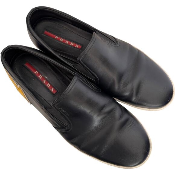 Prada slip on sneakers Linea Rossa Black Leather Yellow Arrow Italy Lady 9 M 7.5 - Picture 8 of 16